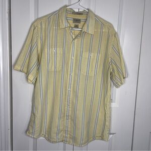 L.L. Bean Yellow Blue Striped Linen Blend Size Large Button Up Short Sleeve Mens